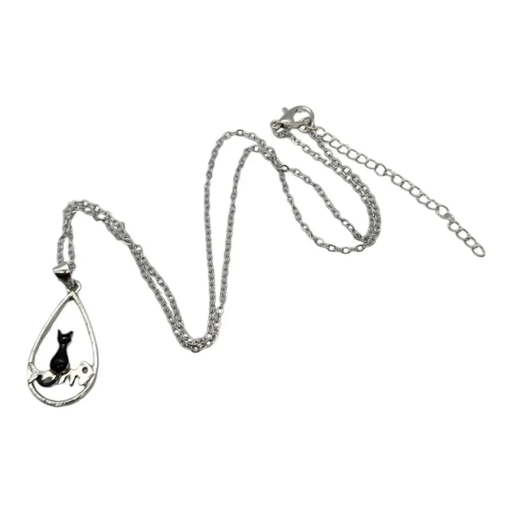 Black Cat Fishbone Teardrop Pendant Silver Chain Necklace Cat Lady Mom Pet Love
